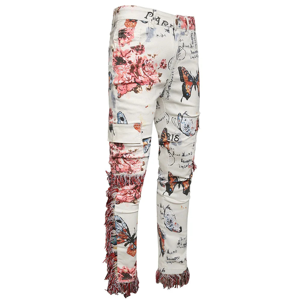 Butterfly Flower Print Tassel Jeans | Slim Fit Cargo Pants with Multi Pockets