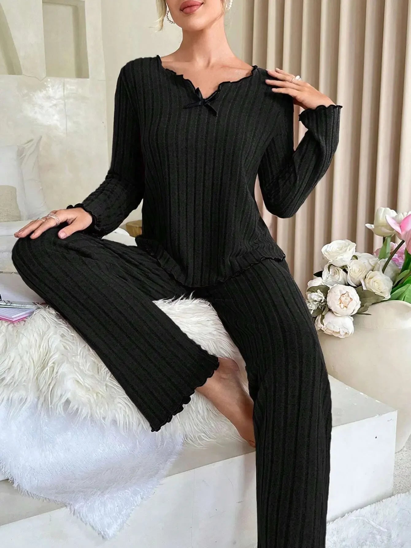 Women’s Autumn Winter Ribbed Pajama Set – Long Sleeve Top & Pants