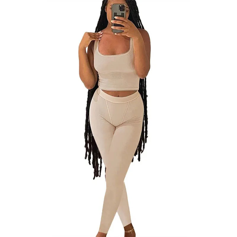Women’s Casual Workout Set, Ribbed Crop Tank & High Waist Yoga Leggings