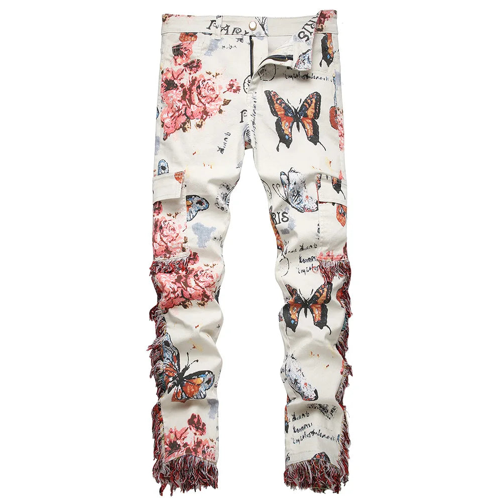 Butterfly Flower Print Tassel Jeans | Slim Fit Cargo Pants with Multi Pockets