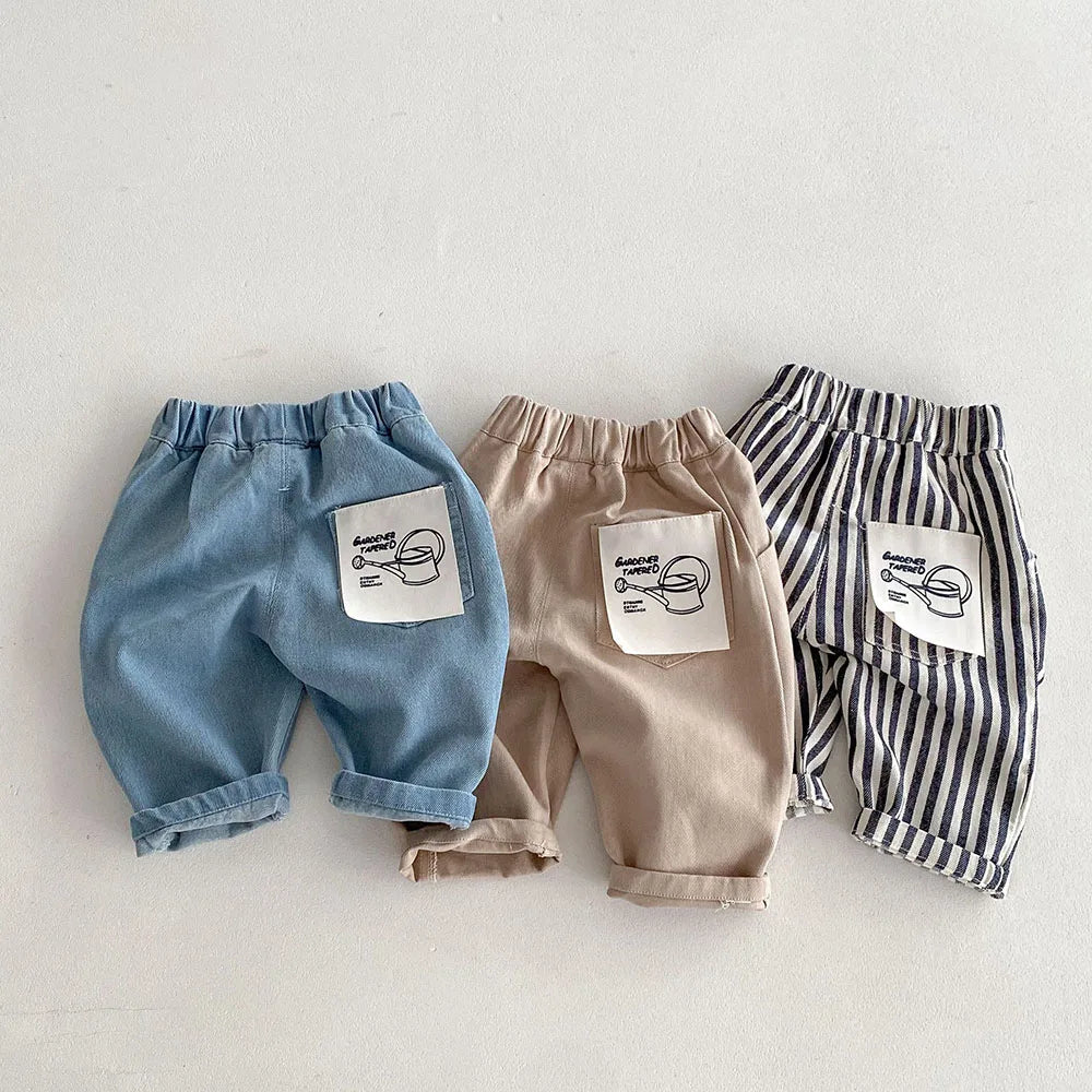 Kids Stripe Denim Jeans, Loose Straight Patchwork Pants (1-5Y)