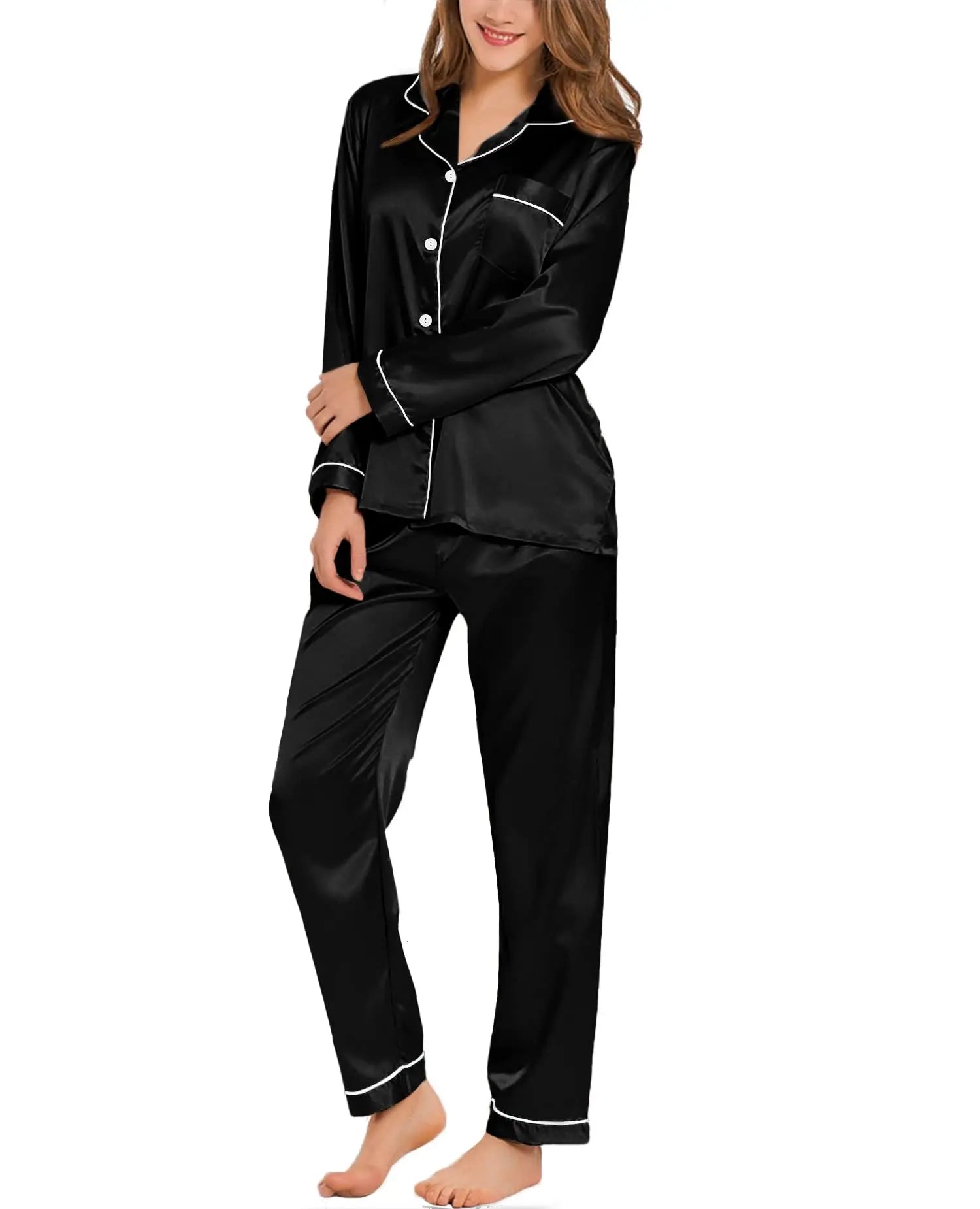 Women’s Silk Satin Pajamas – Button-Down Full Sleeve Sleepwear Set