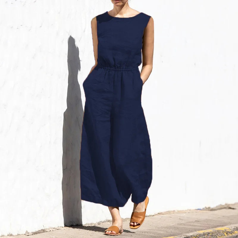 Summer Solid Color High Waist Women’s Casual Jumpsuit, O-Neck, Elegant Holiday Romper
