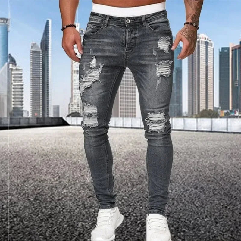 Retro Ripped Skinny Jeans Stretch Slim Fit Motorcycle Streetwear