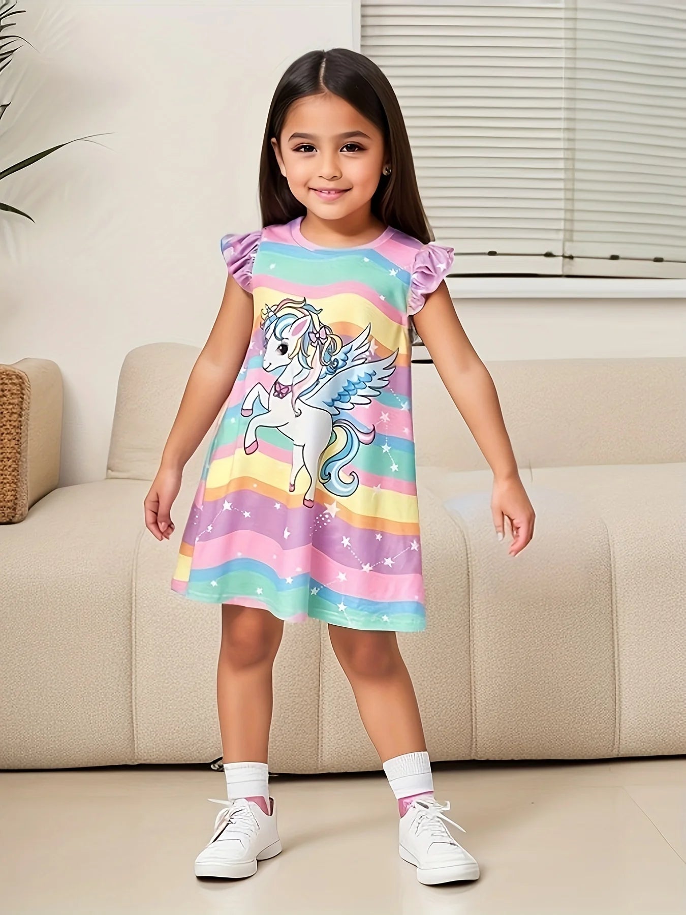 Girls Summer T-shirt Dress, Cute Small Flying Sleeve A-Line Dress, Fashionable Baby Clothing