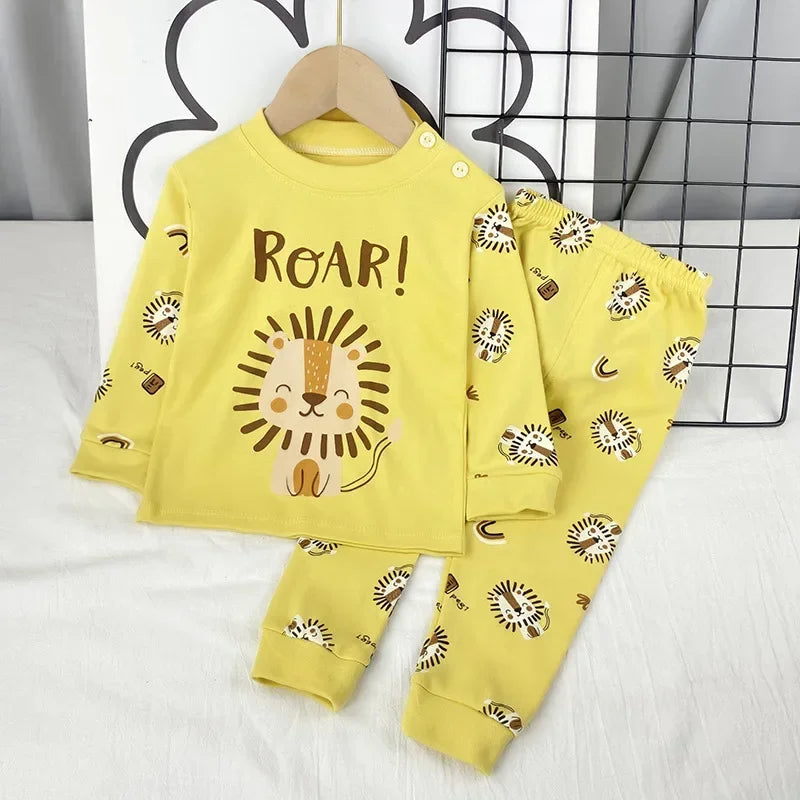 Kids Pajama Set, Cartoon Print Long Sleeve T-Shirt & Pants