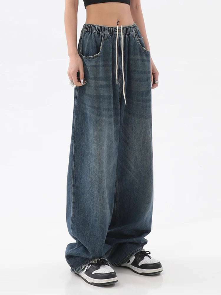 Women’s Vintage Baggy Jeans, Elastic Waist Wide Leg Denim Pants