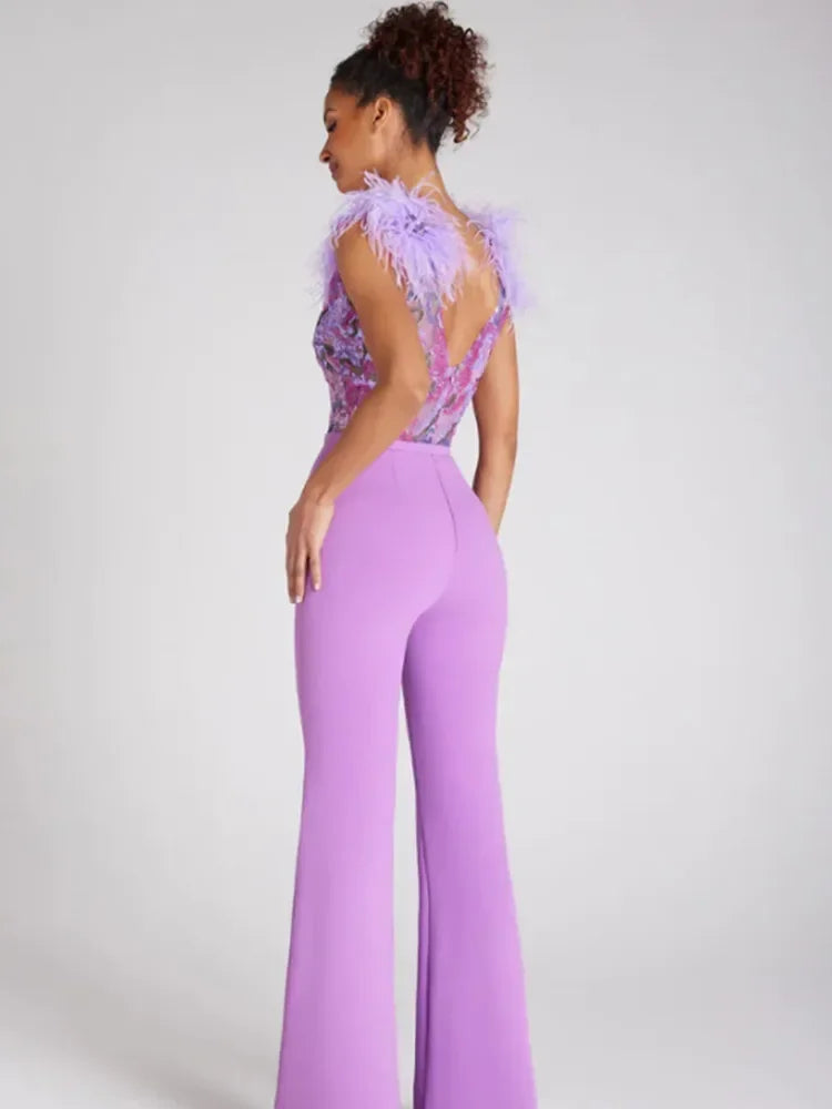 Women’s Sleeveless Sequins & Feathers Bodycon Bandage Jumpsuit, Elegant Evening Party Wear