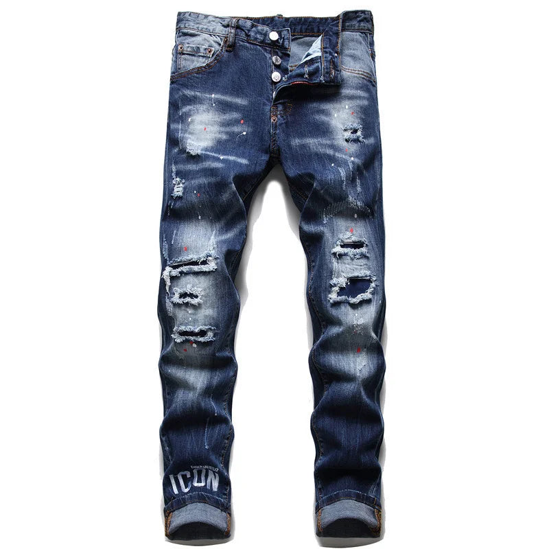 Indigo Blue Multi-Hole Denim, Hand-Painted, Worn-Out, Brushed Details
