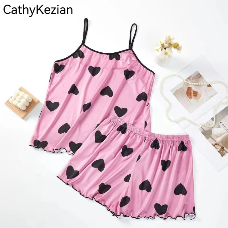 Women’s Heart Print Pajama Set, Ice Silk Camisole & Shorts, Summer Sleepwear