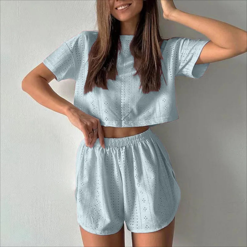 Women’s Spring Pajama Set – Long Sleeve Top & Shorts, Loose Round Neck Sleepwear
