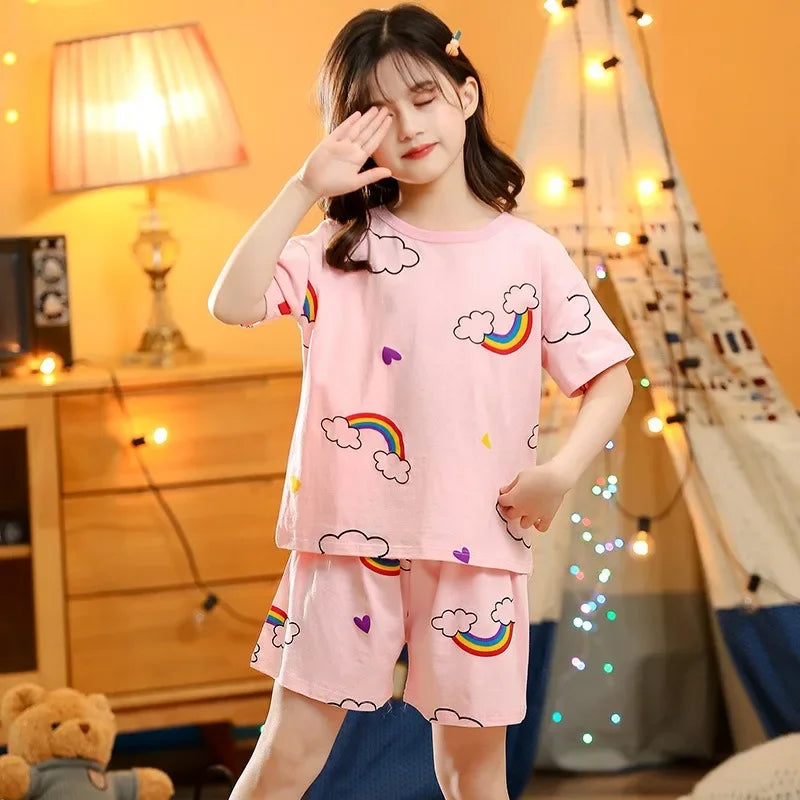 2-10 Years Kids PJs, Cotton Summer Pajama Set for Boys & Girls, Short Sleeves Sleepwear