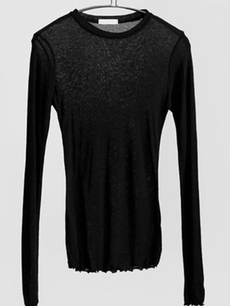 High Quality Women’s Plain Elastic T-Shirt, Long Sleeve See-Through Casual Top