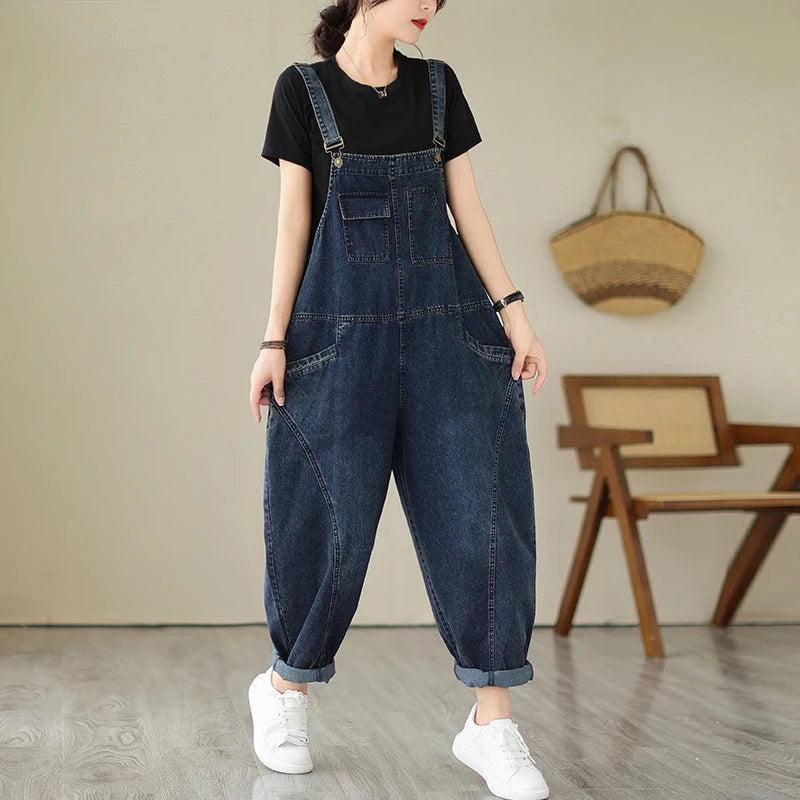 Women’s Multi Pocket Cargo Denim Overalls, Vintage Casual Loose Jumpsuit