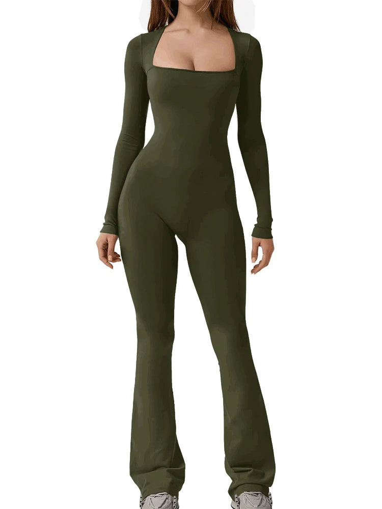 Women’s Wide Leg Yoga Bodysuit, One-Piece Gym Fitness Jumpsuit, Long Sleeve, Plus Size