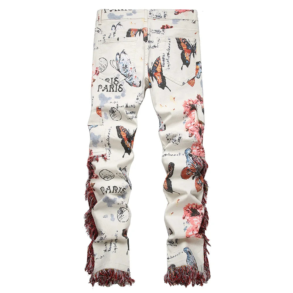 Butterfly Flower Print Tassel Jeans | Slim Fit Cargo Pants with Multi Pockets