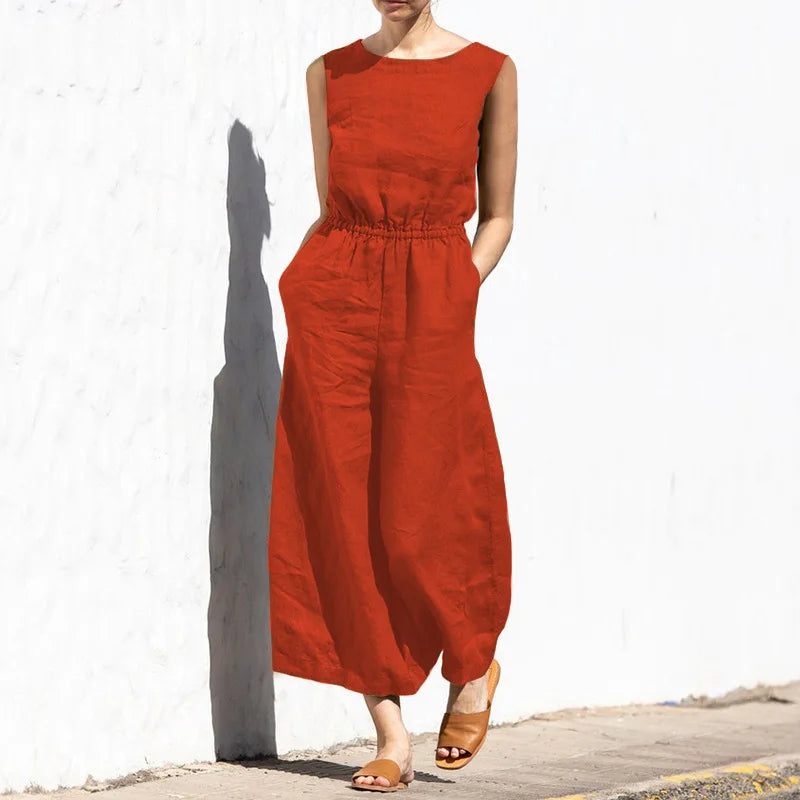Summer Solid Color High Waist Women’s Casual Jumpsuit, O-Neck, Elegant Holiday Romper