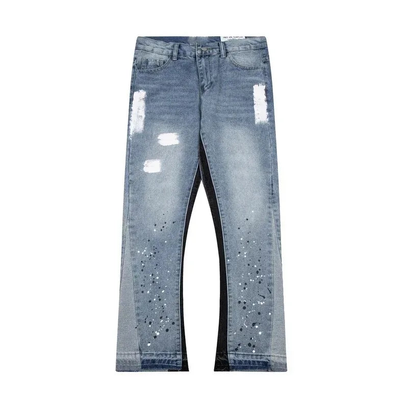 Retro Washed Spliced Denim Loose Straight Micro-Flared Jeans