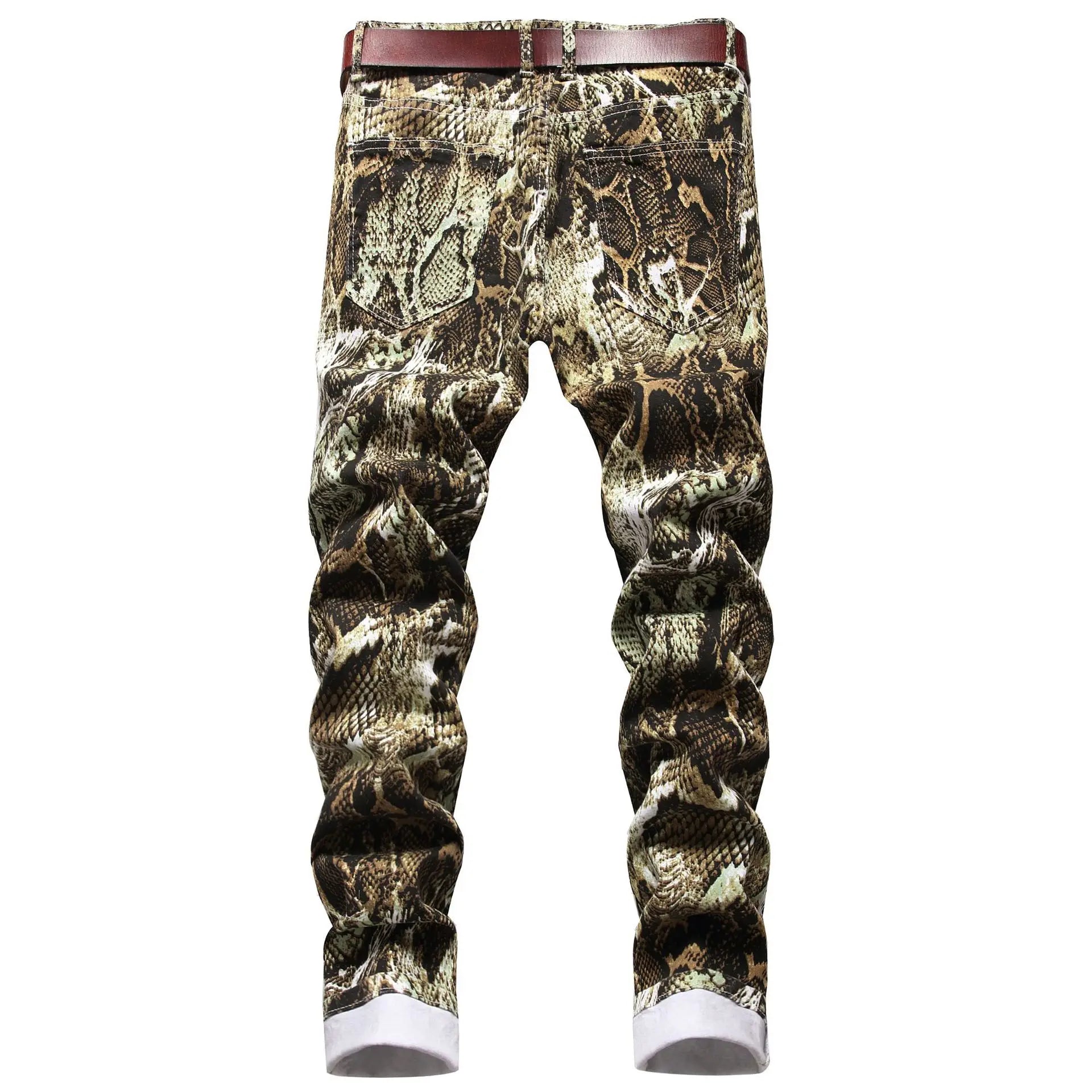 Snakeskin Print Hip Hop Jeans Slim Fit Stretch Denim Ankle-Length Trousers