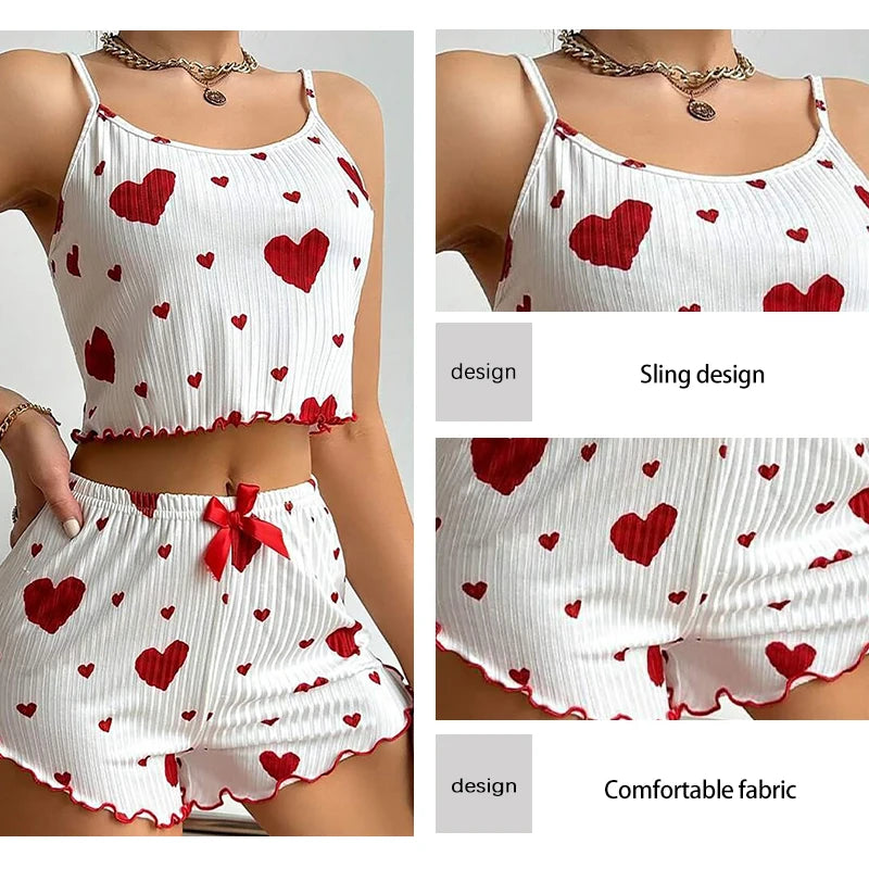 Women’s 2-Piece Pajama Set, Tank Top & Shorts, Soft Casual Sleepwear with Love Print