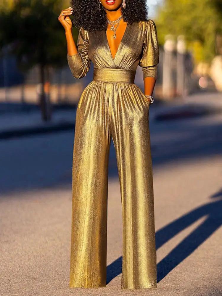 Freeacy V-Neck High Waist Jumpsuit, Summer Wide Leg Overalls, Three-Quarter Sleeves