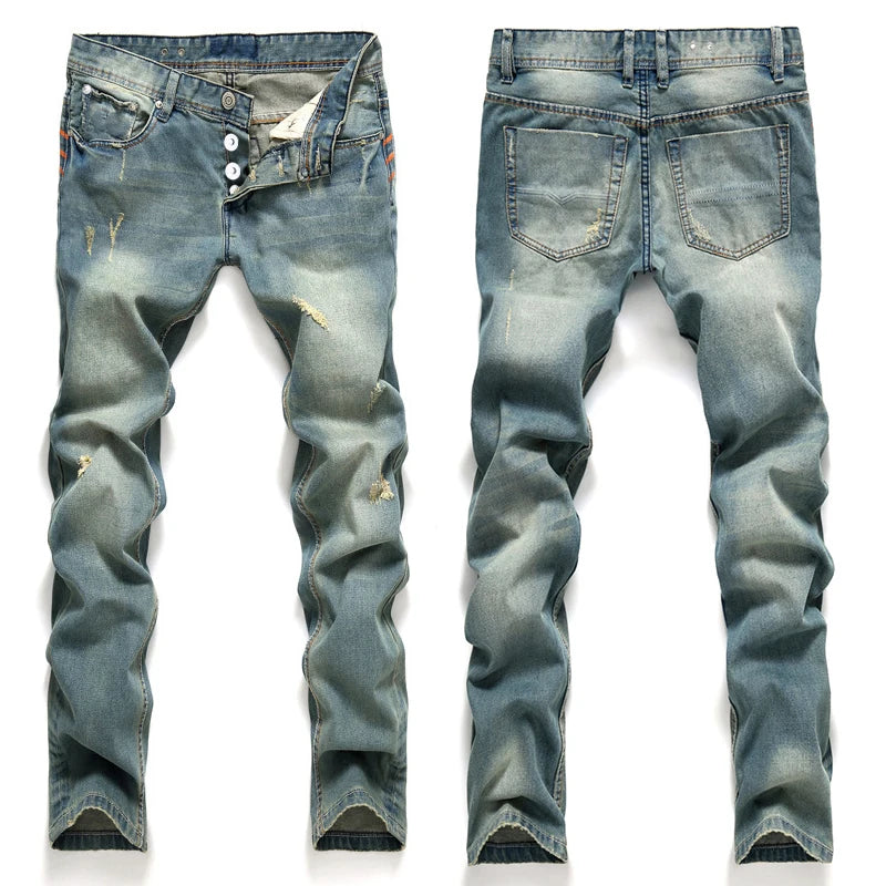 Casual Denim Jeans for Men Plus Size Straight Fit with Ripped Holes