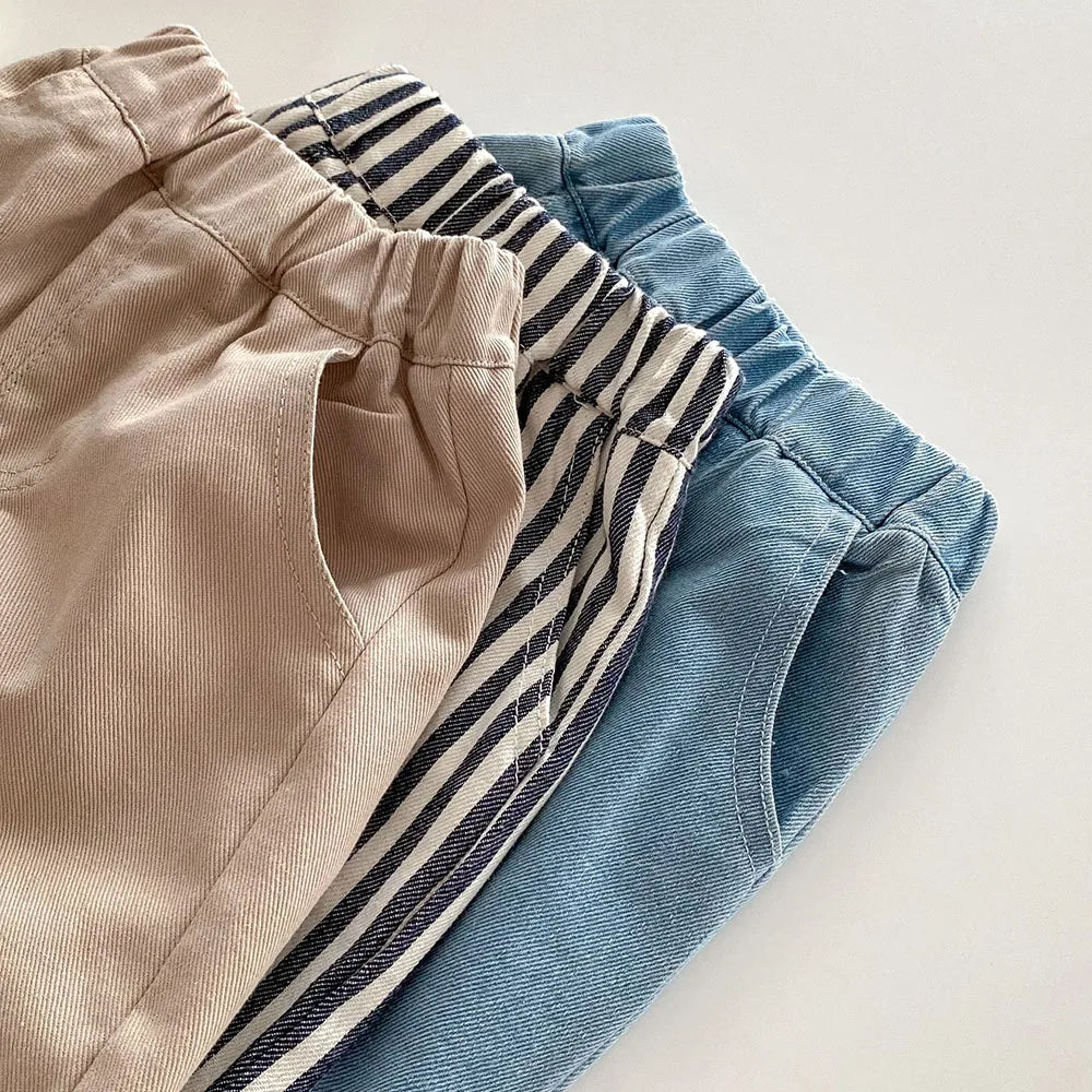 Kids Stripe Denim Jeans, Loose Straight Patchwork Pants (1-5Y)