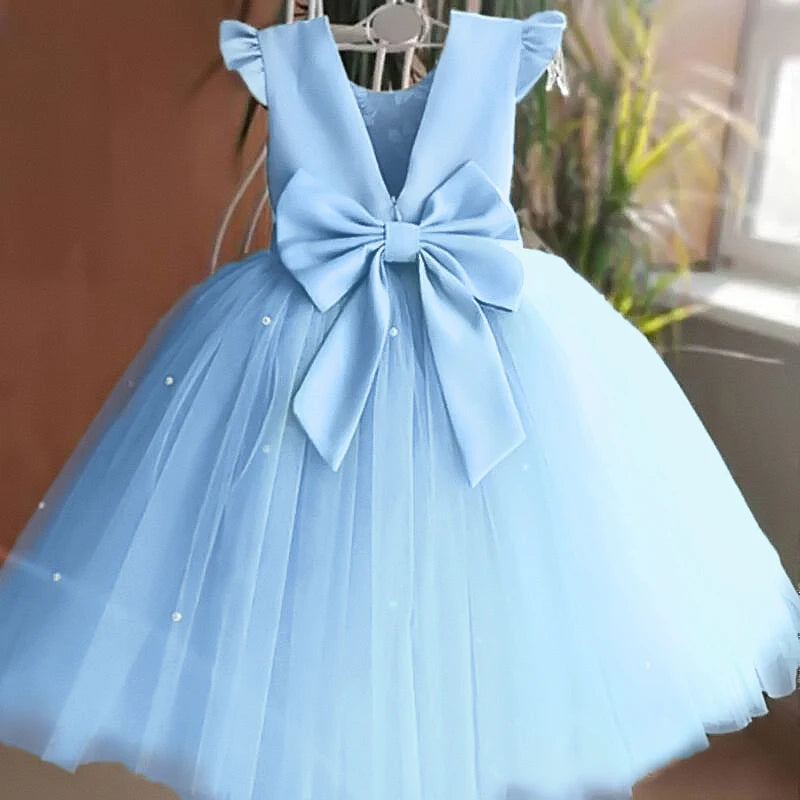 Toddler Girl Flower Tulle Dress, Backless Bow Wedding Gown, Princess Party Dress for Baby Girls