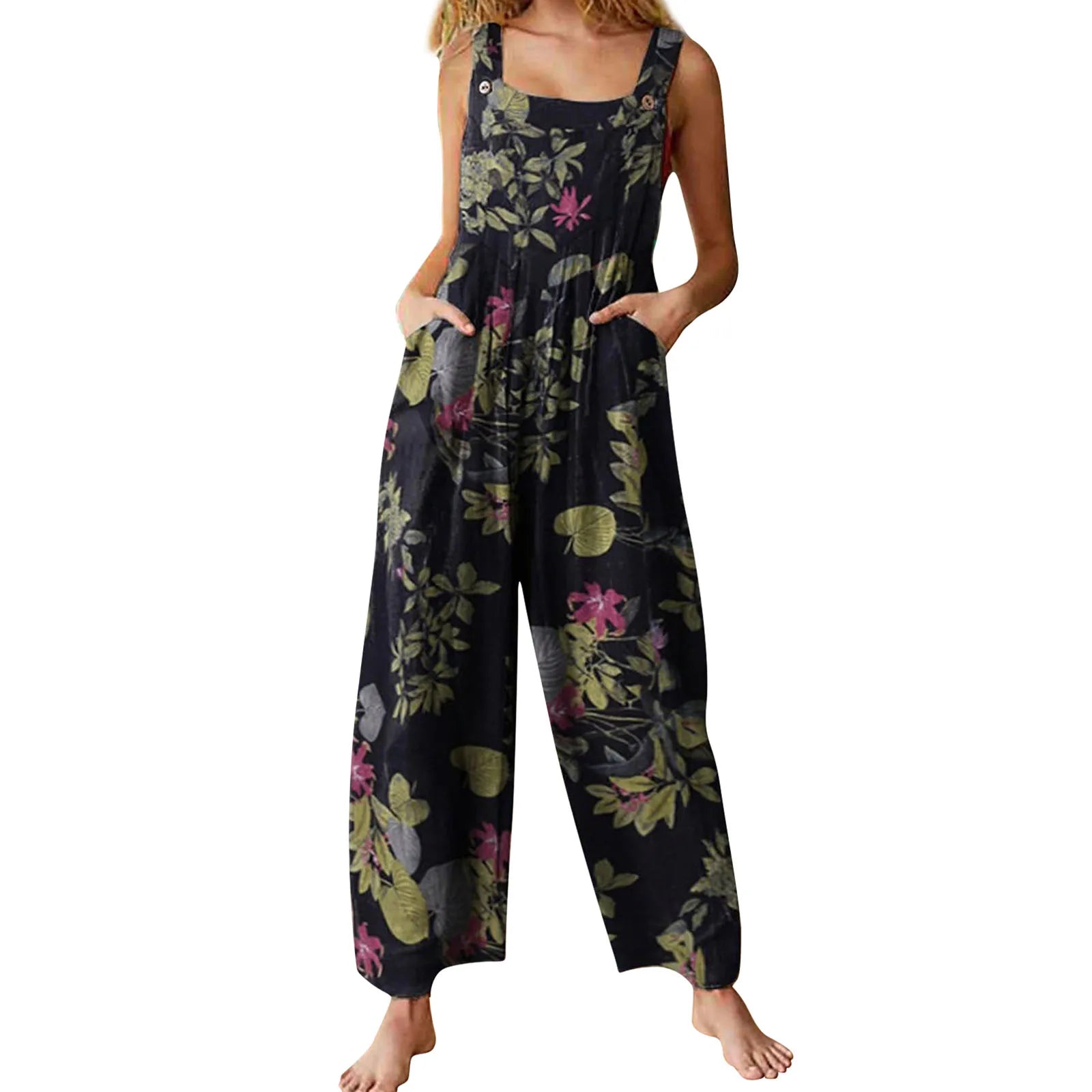 Women’s Suspender Jumpsuit, 90s Retro Wide Leg Romper with Pockets