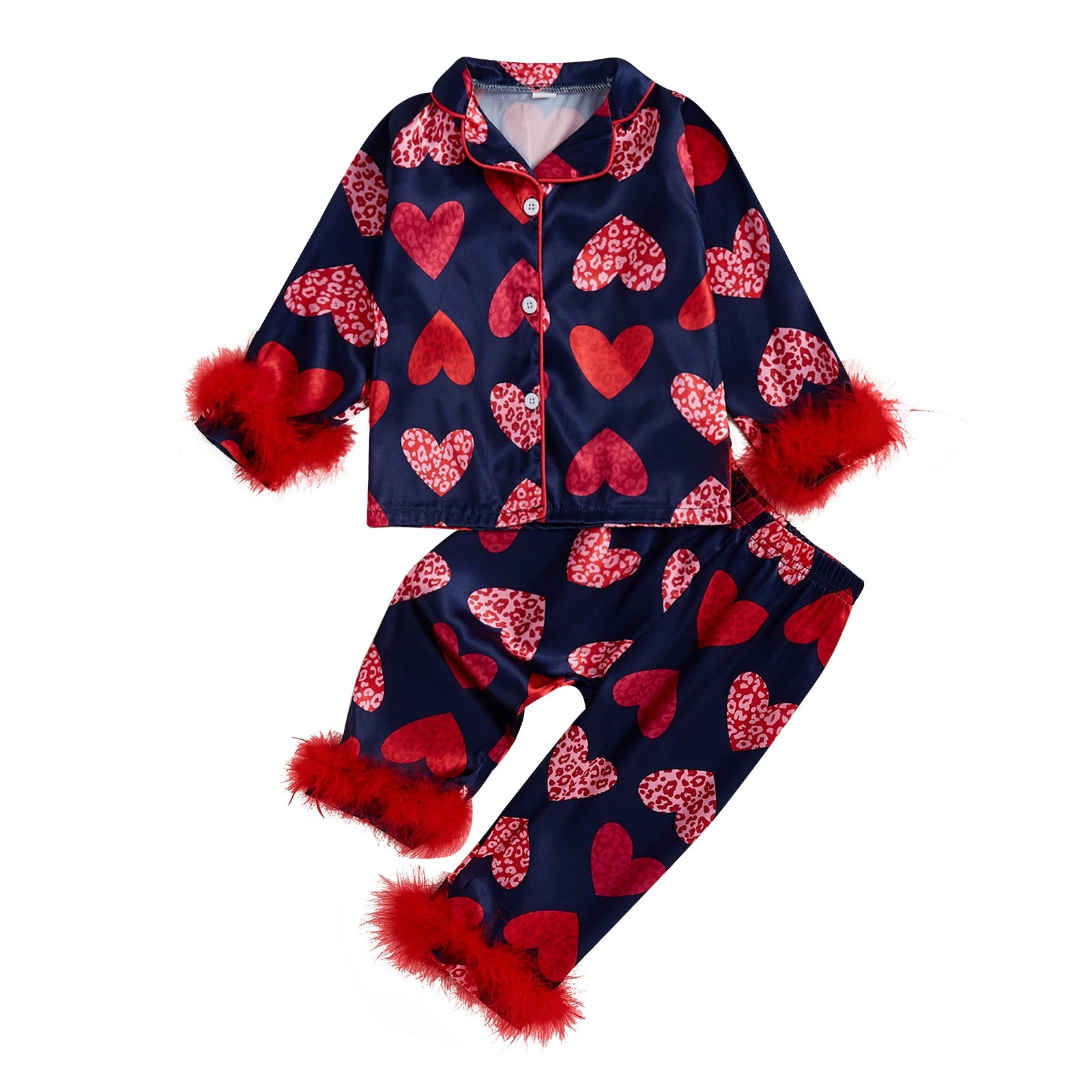 Kids Valentine's Pajama Set, Heart Print Long Sleeve Shirt & Pants with Feather Trim