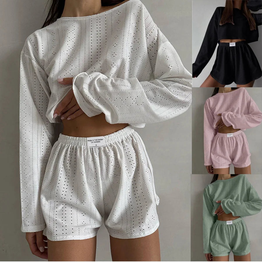 Women’s Spring Pajama Set – Long Sleeve Top & Shorts, Loose Round Neck Sleepwear