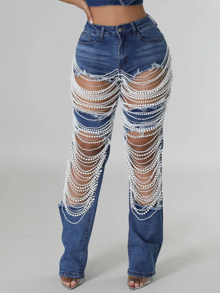 Ripped Denim Pants, Pearl Rhinestones Chain Distressed Skinny Jeans for Women