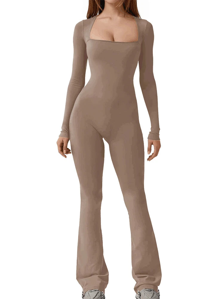 Women’s Wide Leg Yoga Bodysuit, One-Piece Gym Fitness Jumpsuit, Long Sleeve, Plus Size