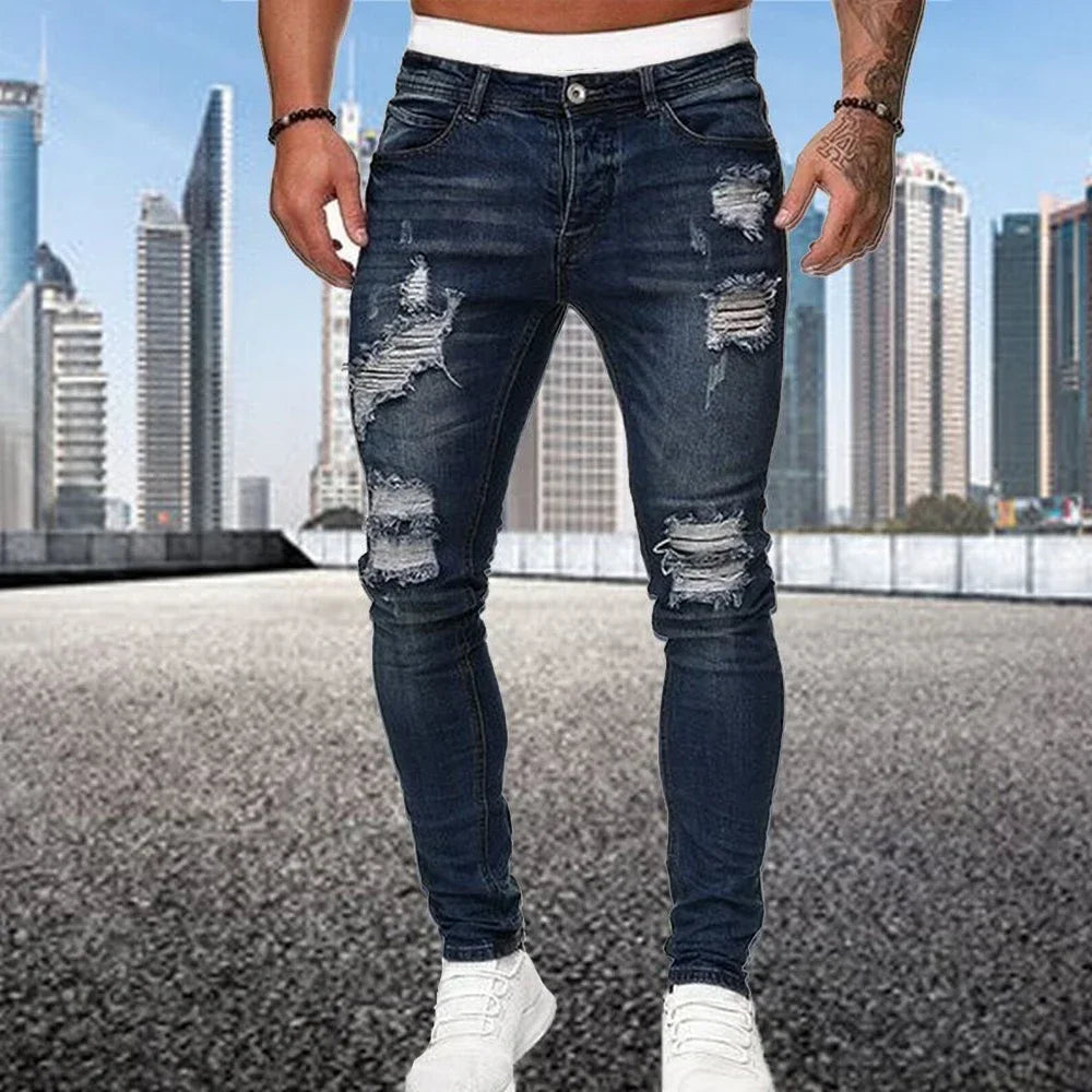 Retro Ripped Skinny Jeans Stretch Slim Fit Motorcycle Streetwear