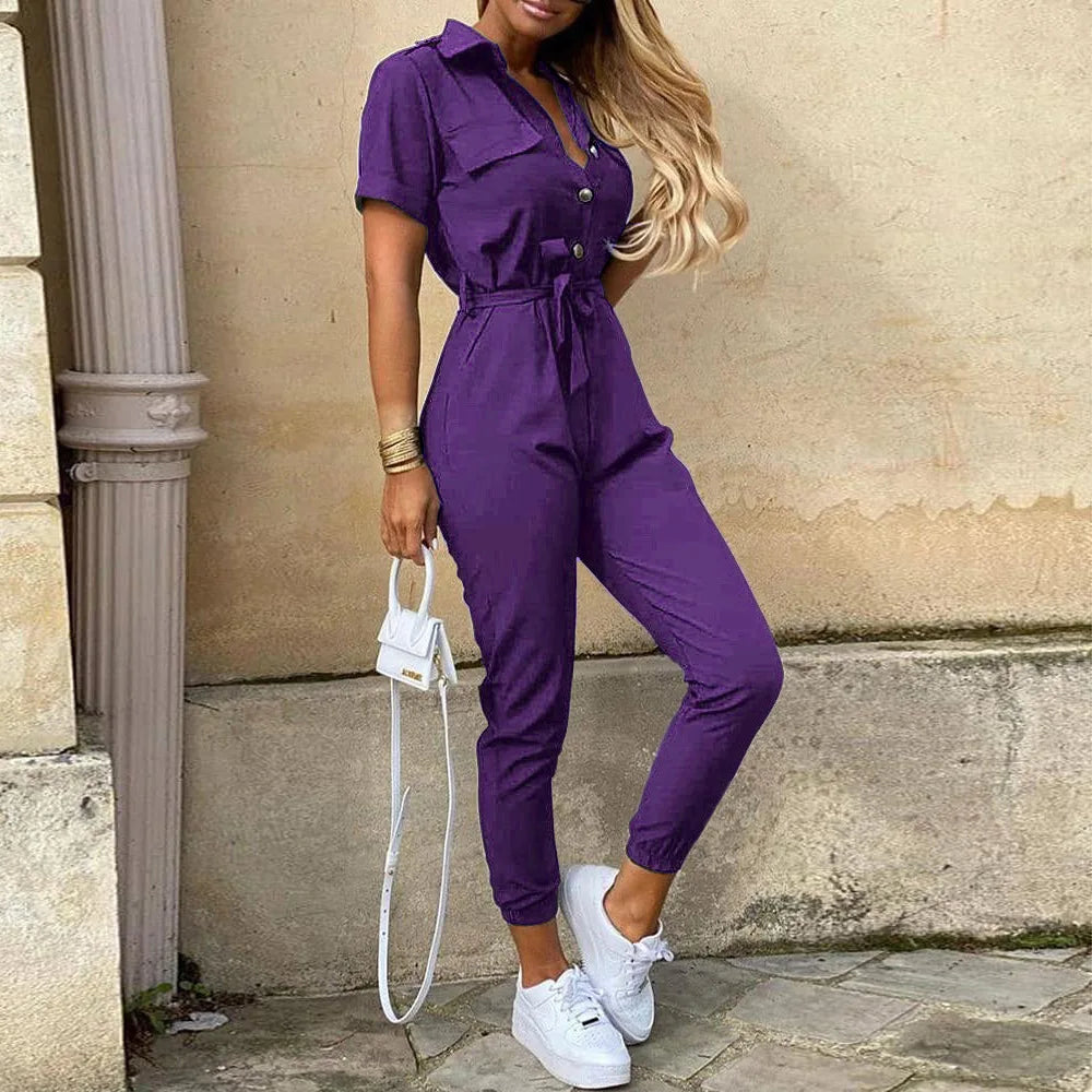 Women’s Monochromatic Belt Jumpsuit, Casual Pants, Flip Collar, Buckle, Summer