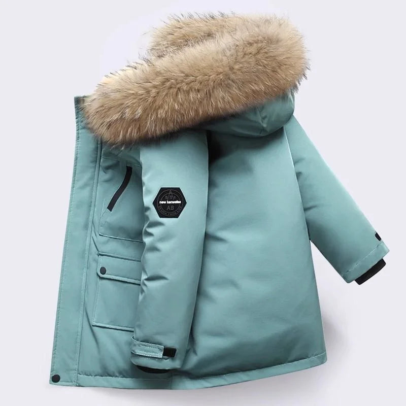 Boys Cotton Down Coats, Winter Hooded Jackets, Large Fur Collar, Casual Parkas