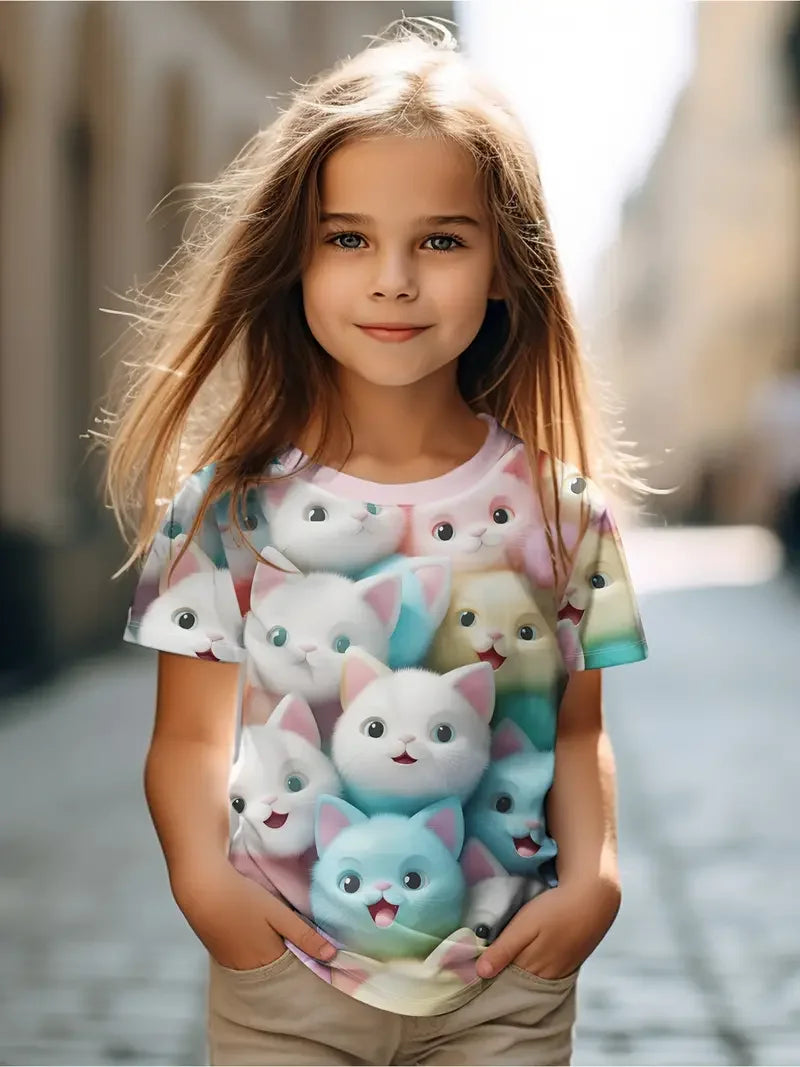 Kids T-Shirt, Cartoon Cat Kawaii Short Sleeve Top, Girls Summer Clothes