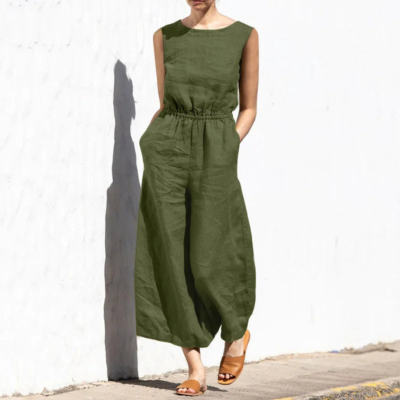 Summer Solid Color High Waist Women’s Casual Jumpsuit, O-Neck, Elegant Holiday Romper
