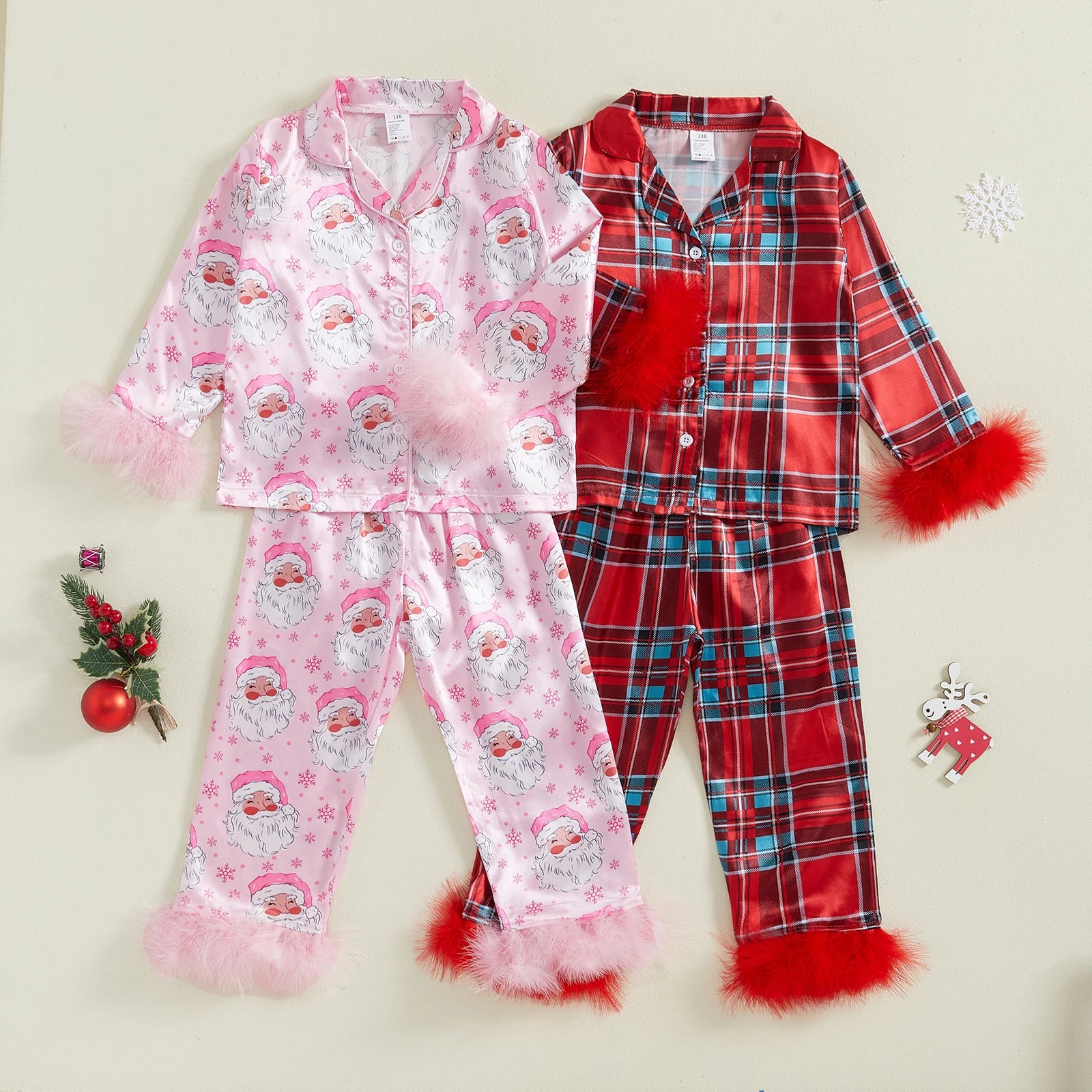 Kids Christmas Pajama Set, Feather Trim Long Sleeve Shirt & Pants (1-9Y)