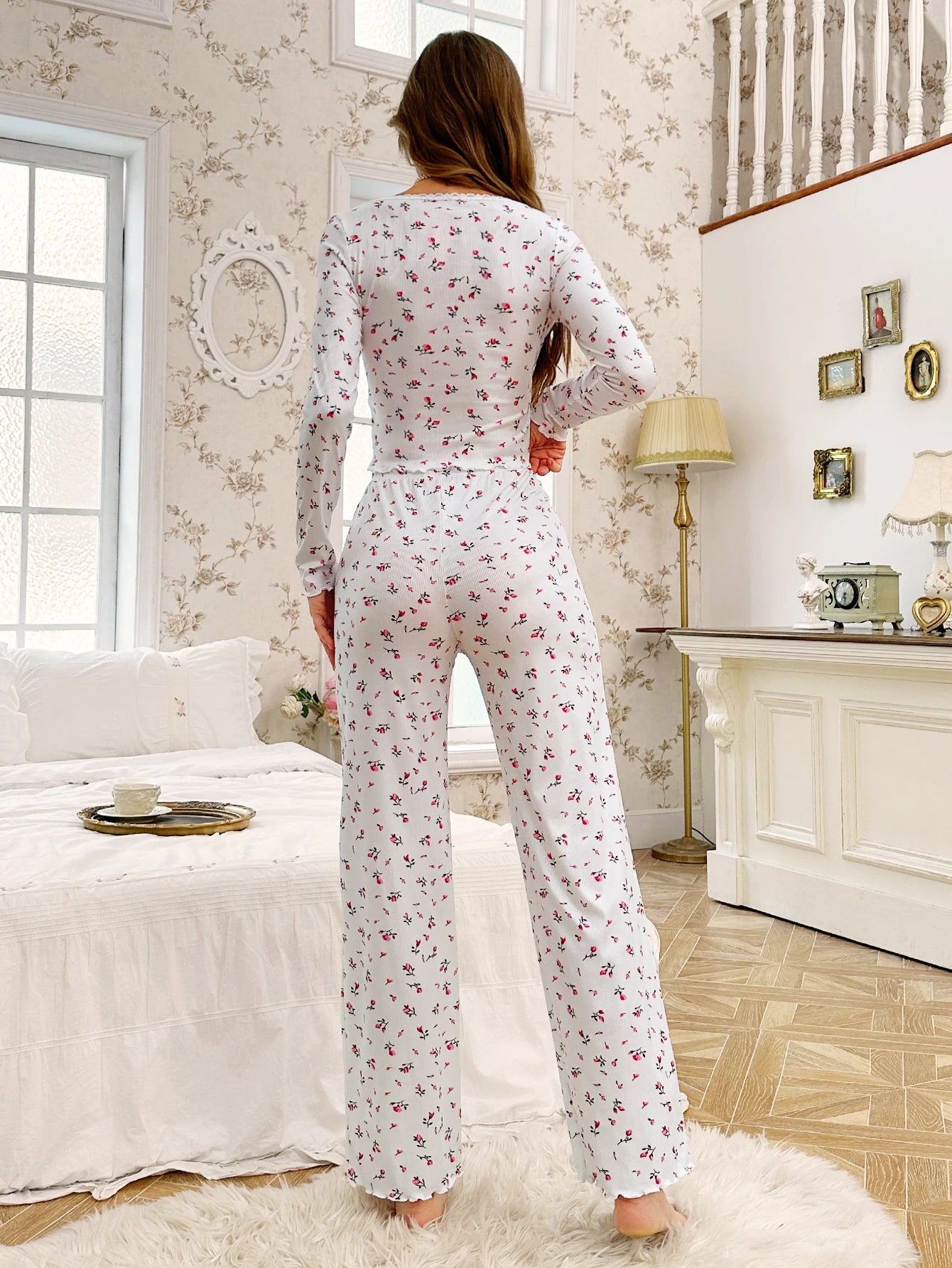 Women’s Floral Print Pajama Set, Lettuce Trim, Elastic Waist, Full Sleeve Sleepwear