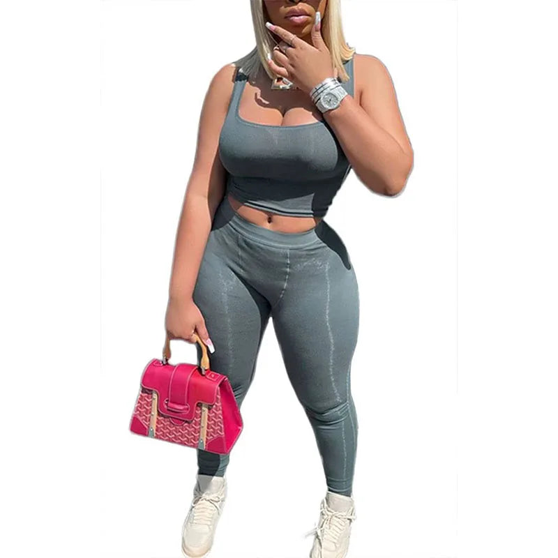 Women’s Casual Workout Set, Ribbed Crop Tank & High Waist Yoga Leggings