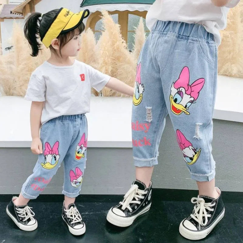 Spring Summer Kids Cartoon Daisy Jeans, Loose Denim Pants for Girls (2-6Y)