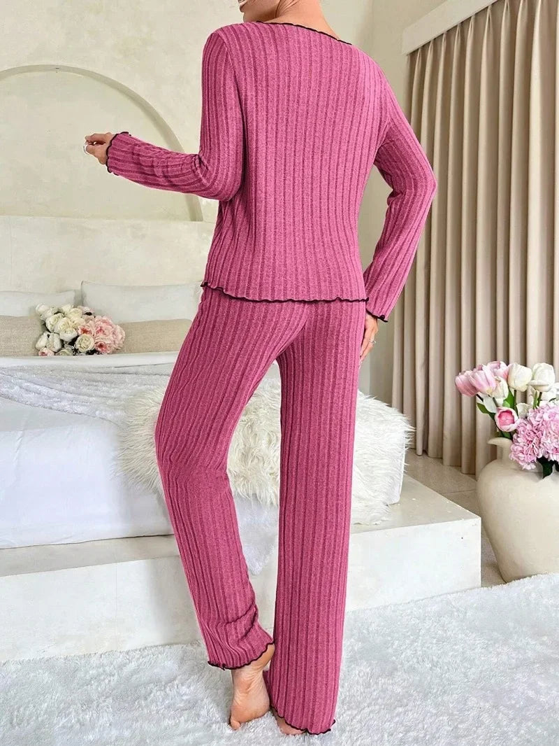 Women’s Autumn Winter Ribbed Pajama Set – Long Sleeve Top & Pants