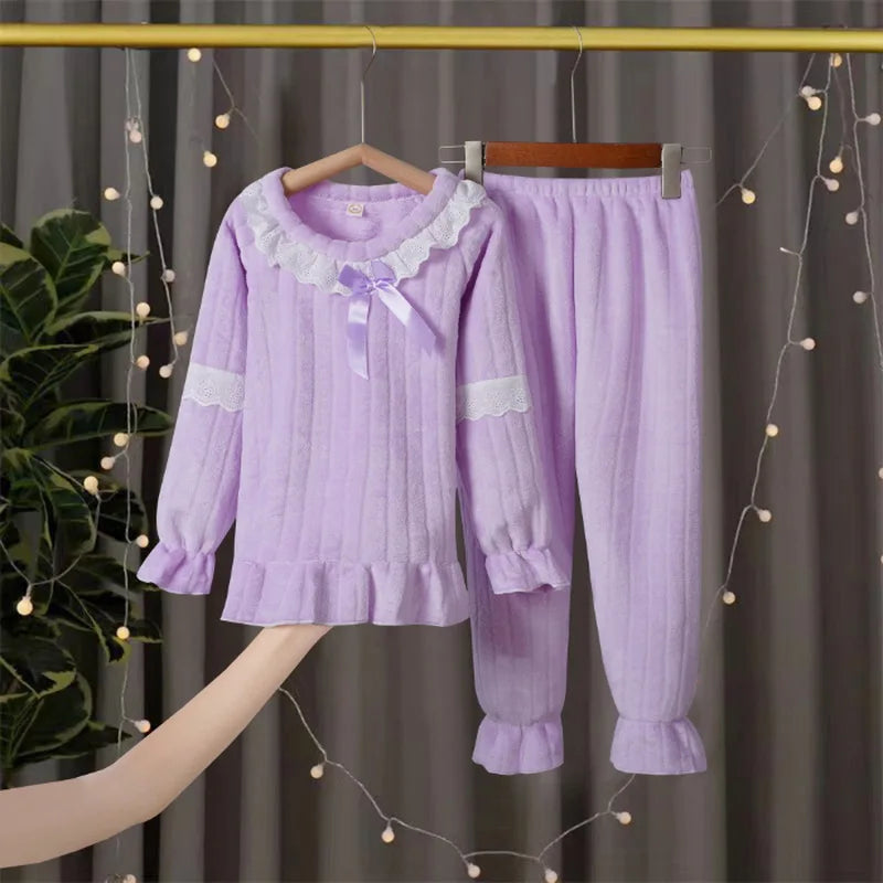Winter Kids Pajama Set, Princess Coral Fleece Flannel Sleepwear