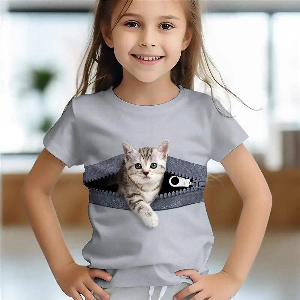 Girl's 3D Cat Print T-Shirt, Short Sleeve Summer Top, Casual Kids Clothing