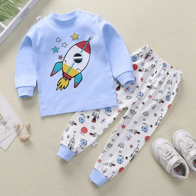 Kids Pajama Set, Cartoon Print Long Sleeve T-Shirt & Pants