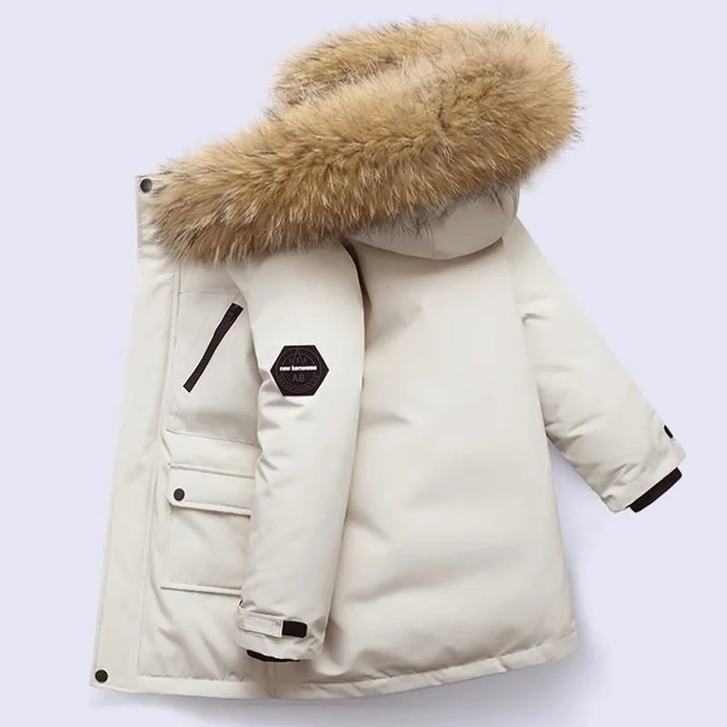 Boys Cotton Down Coats, Winter Hooded Jackets, Large Fur Collar, Casual Parkas