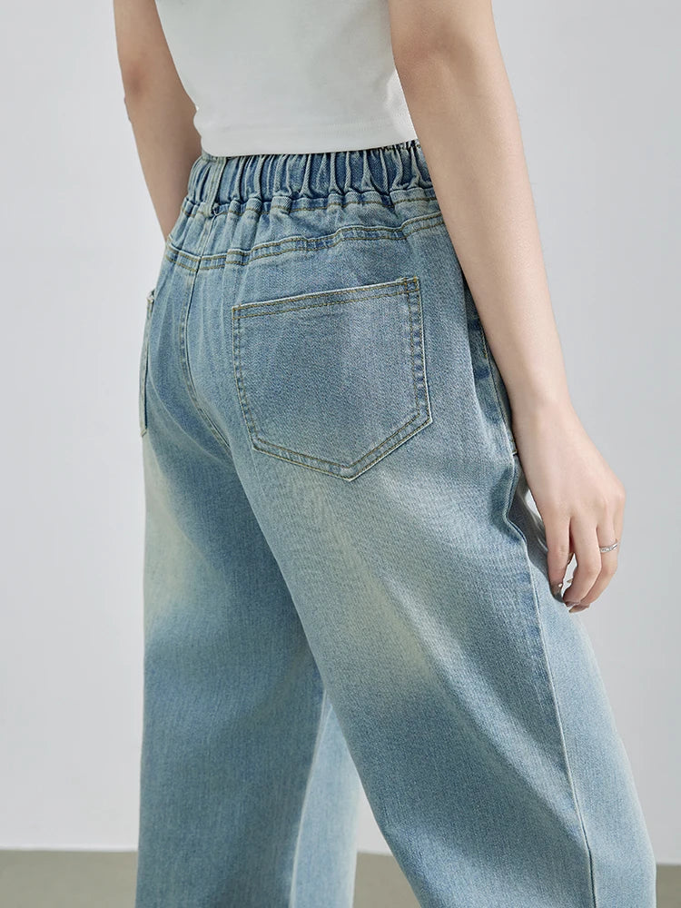 Summer Women’s High Elastic Waist Denim Jeans, Bleached Wide Leg, Streetwear Trousers