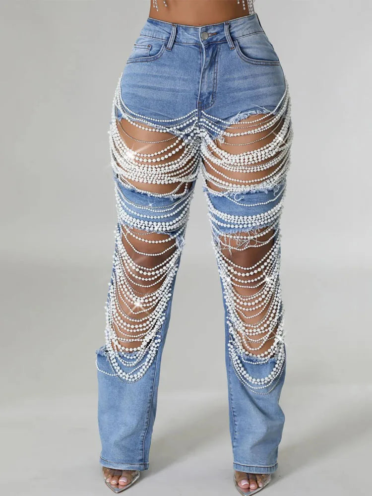 Ripped Denim Pants, Pearl Rhinestones Chain Distressed Skinny Jeans for Women