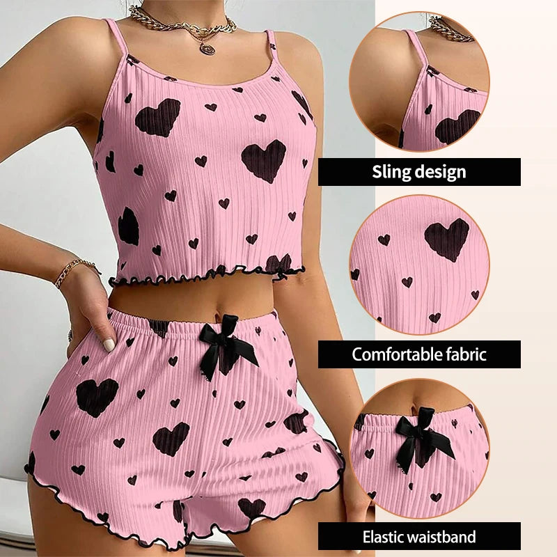 Women’s 2-Piece Pajama Set, Tank Top & Shorts, Soft Casual Sleepwear with Love Print